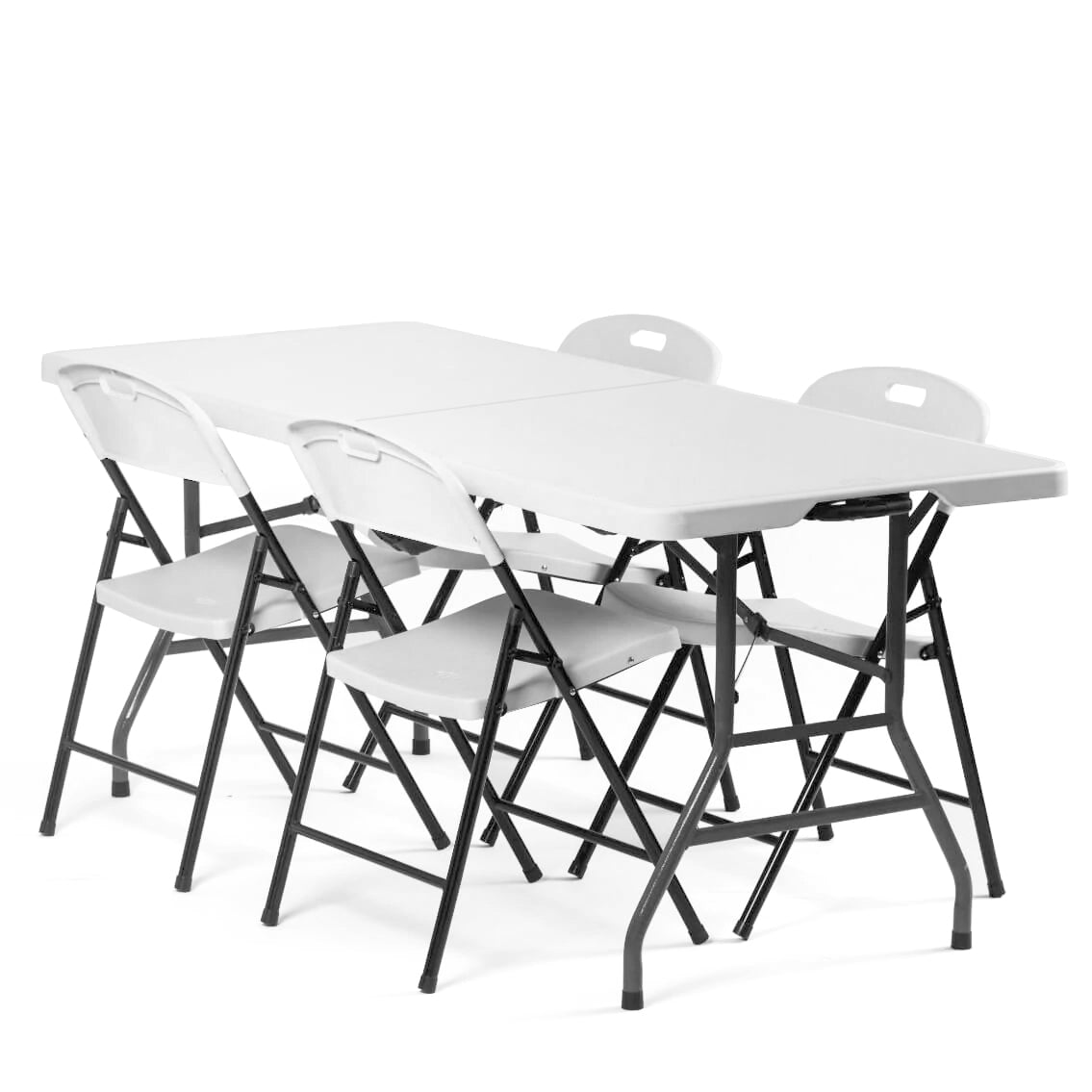 White fold up online table and chairs